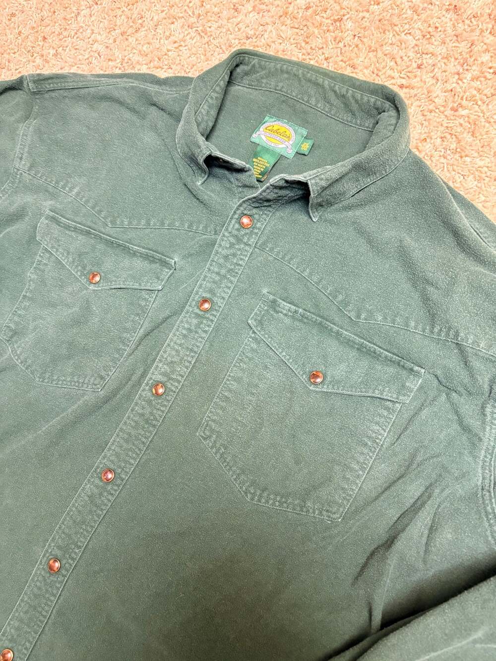 Cabelas Mens 2XLT Western Pearl Snap Shirt Green Cotton Vintage Style 90s Y2K